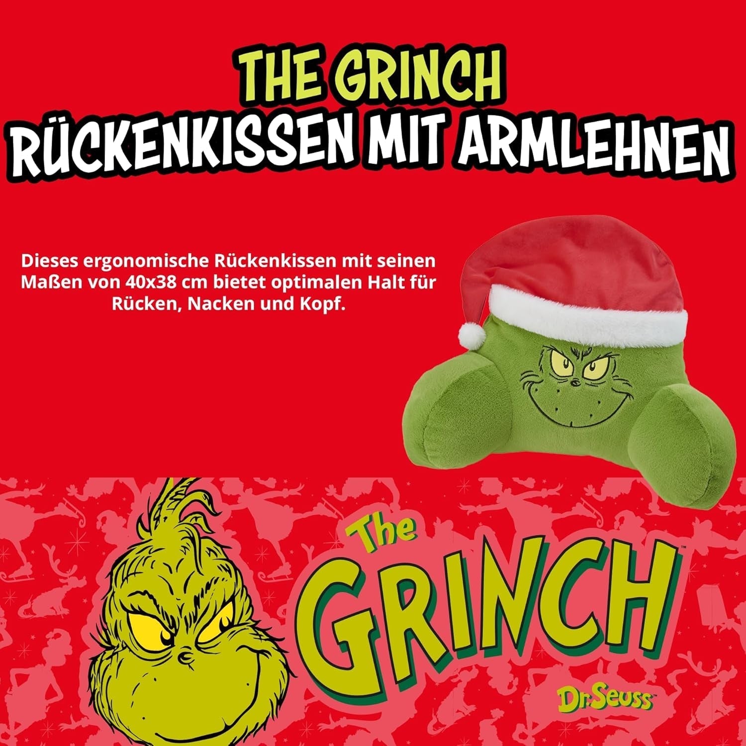 Grinch Pillow - Oreiller de dos pour lit et canapé, support dorsal avec accoudoirs, oreiller de lecture pour le dos, le cou et la tête, vert, 40 x 38 cm