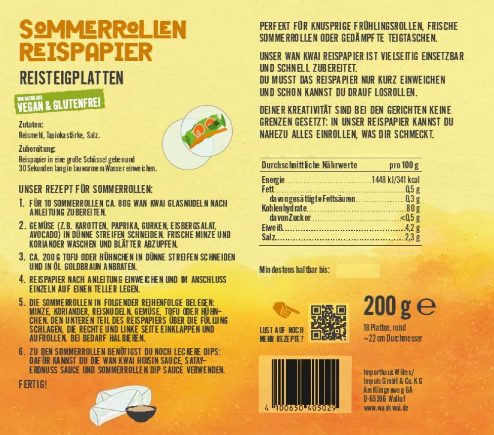 Rouleau de papier de riz d'été Wan Kwai 200 g – Nécessite un léger trempage, parfait pour les rouleaux de printemps croustillants, les rouleaux d'été frais ou les raviolis cuits à la vapeur.