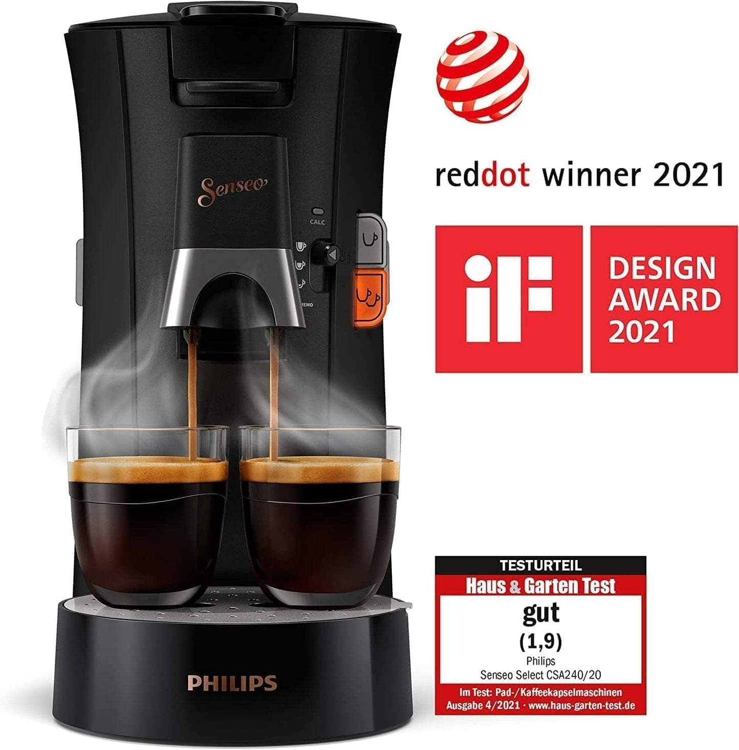 Machine à expresso à capsules PHILIPS Senseo Select avec sélection de l'intensité du café et fonction mémoire, en plastique recyclé, couleur : noir (CSA240/60)