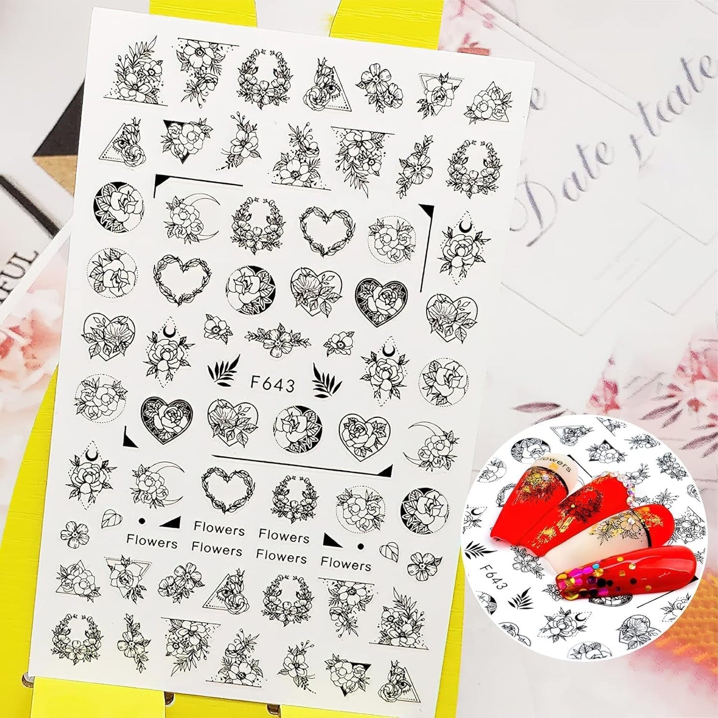 7 Blätter Nagelsticker Selbstklebend Nagelsticker Blumen Abstract 3D Schwarz Nagelaufkleber Nageldesign Herzform Wörter Pflanzen Nagel Sticker DIY Nail Art Zubehör Maniküre Dekoration