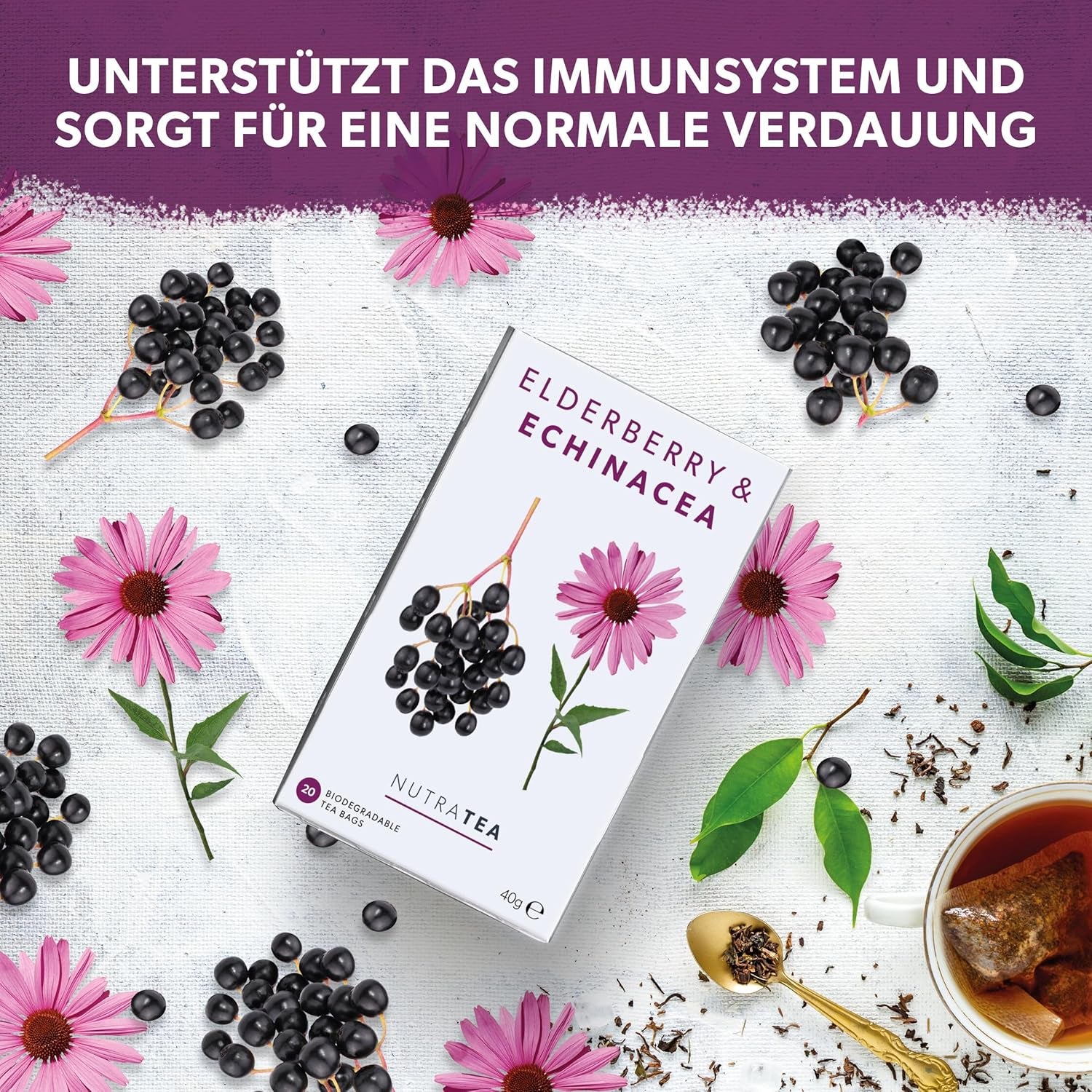 Nutra Tea Sureau et échinacée, Thé immunité et rhume, Thé de soutien immunitaire, Combat contre le froid, 20 sachets de thé réutilisables, Tisane naturelle