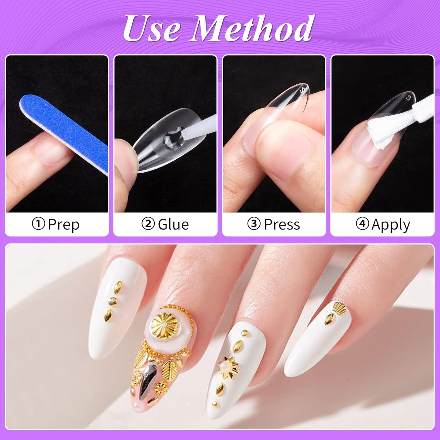 Becellen 500pcs Conseils d'ongles artificiels, Conseils d'ongles en gel souple, Couverture complète, Conseils d'ongles en gel, Ongles artificiels pré-polis, Ensemble de colle DIY Nail Art (Amandes)