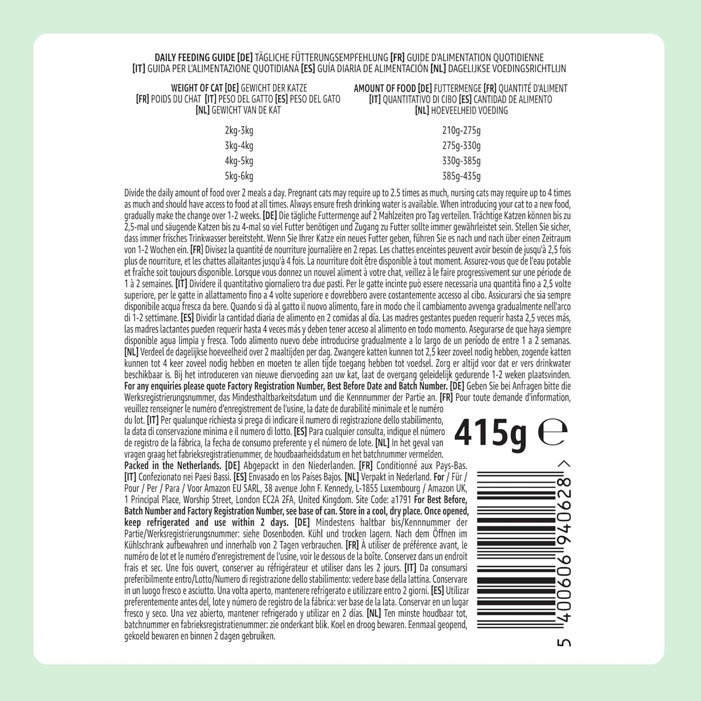 Amazon Nourriture humide pour chat sans céréales, morceaux de poulet en conserve en gelée 12 x 405 g