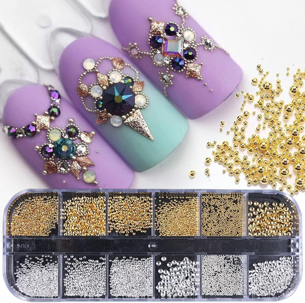 GZMAYUEN Nail Art Perles Micro Caviar pour Nägel, 0.3-3Mm Argent Doré Mini Caviar Strasssteine, Weiß Beige Mini Nägel Perlen Microperlen Décoration pour Nägel