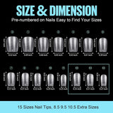 TOMICCA Coffin Tips Ultra Short Nail Tips - Nail Tips, Gel Souple, Couverture Complète, Préformé Mat Artificiel Nail Tips, Gel Nail Tips - 360 Pièces, 15 Tailles
