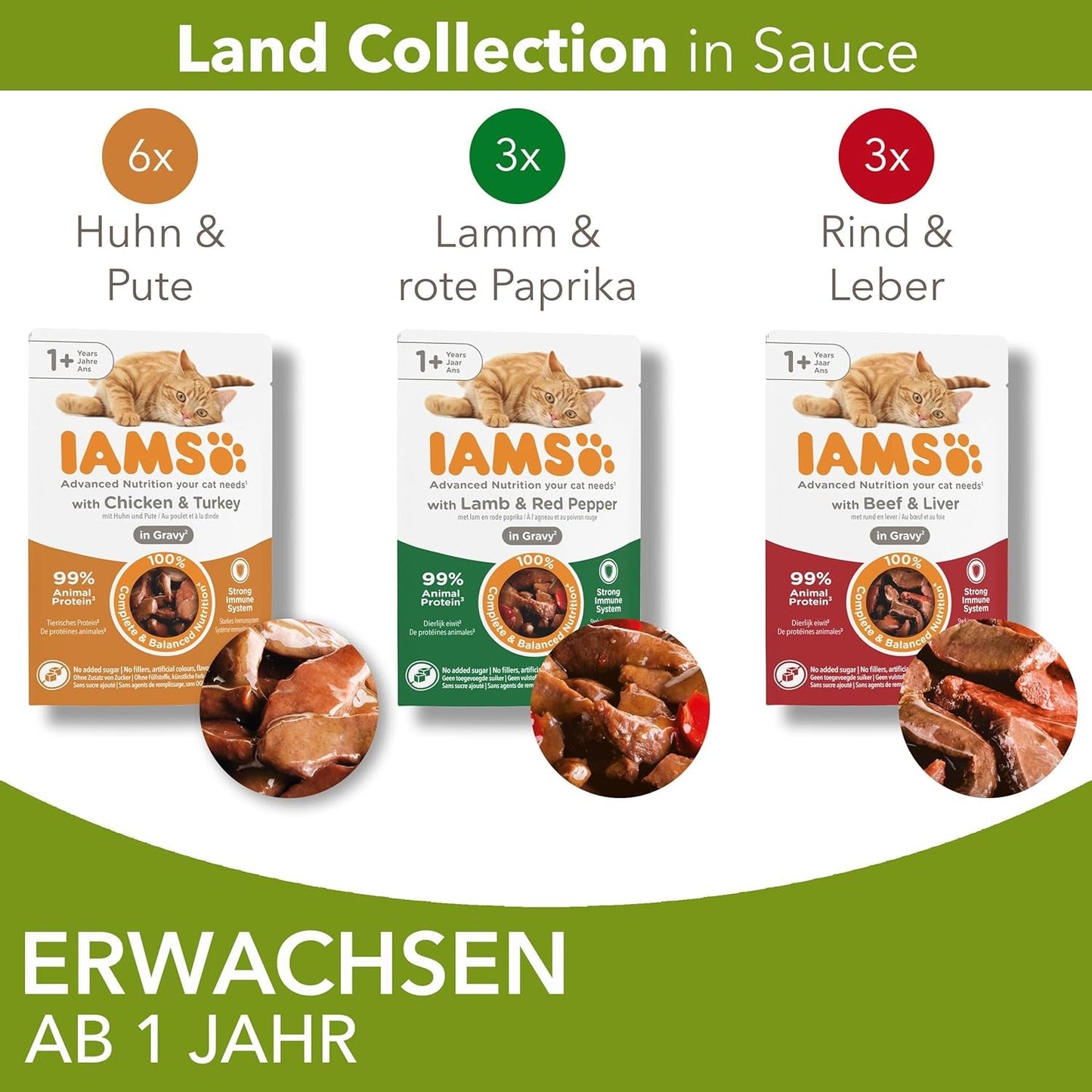 IAMS Delights Land Collection Nourriture humide pour chats - Multipack avec variétés de viandes (agneau, bœuf, poulet et dinde) en sauce, nourriture humide pour chats à partir de 1 an, 12 x 85g