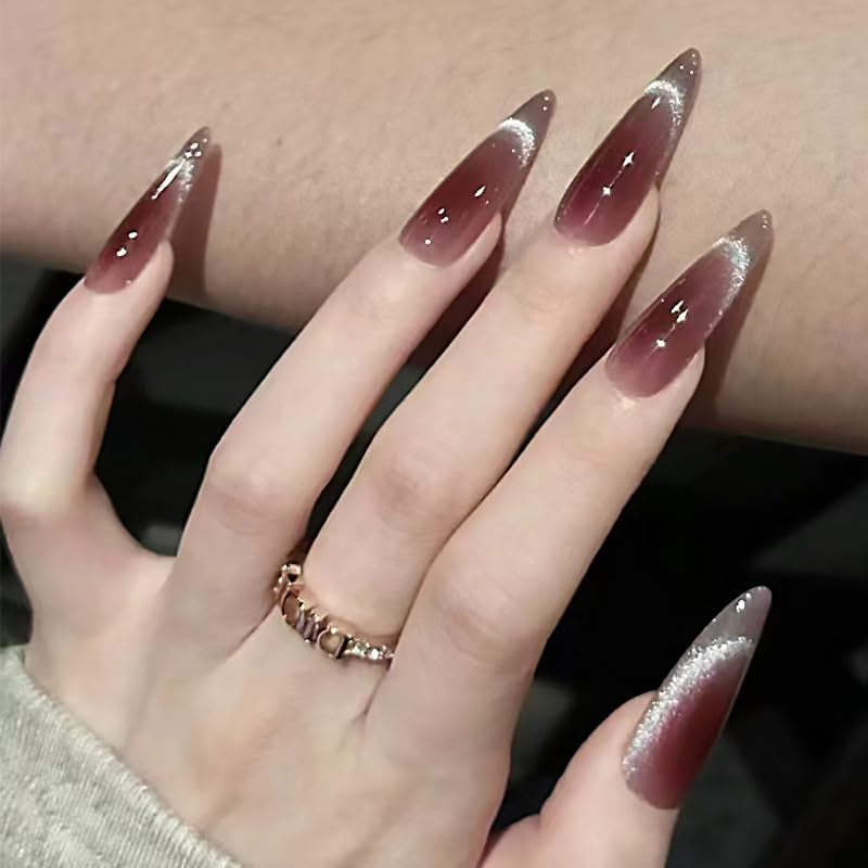 Mouyouglow longs ongles Stiletto laiteux blanc dégradé rose paillettes Cool faux ongles avec colle rose Ombre paillettes ongles artificiels