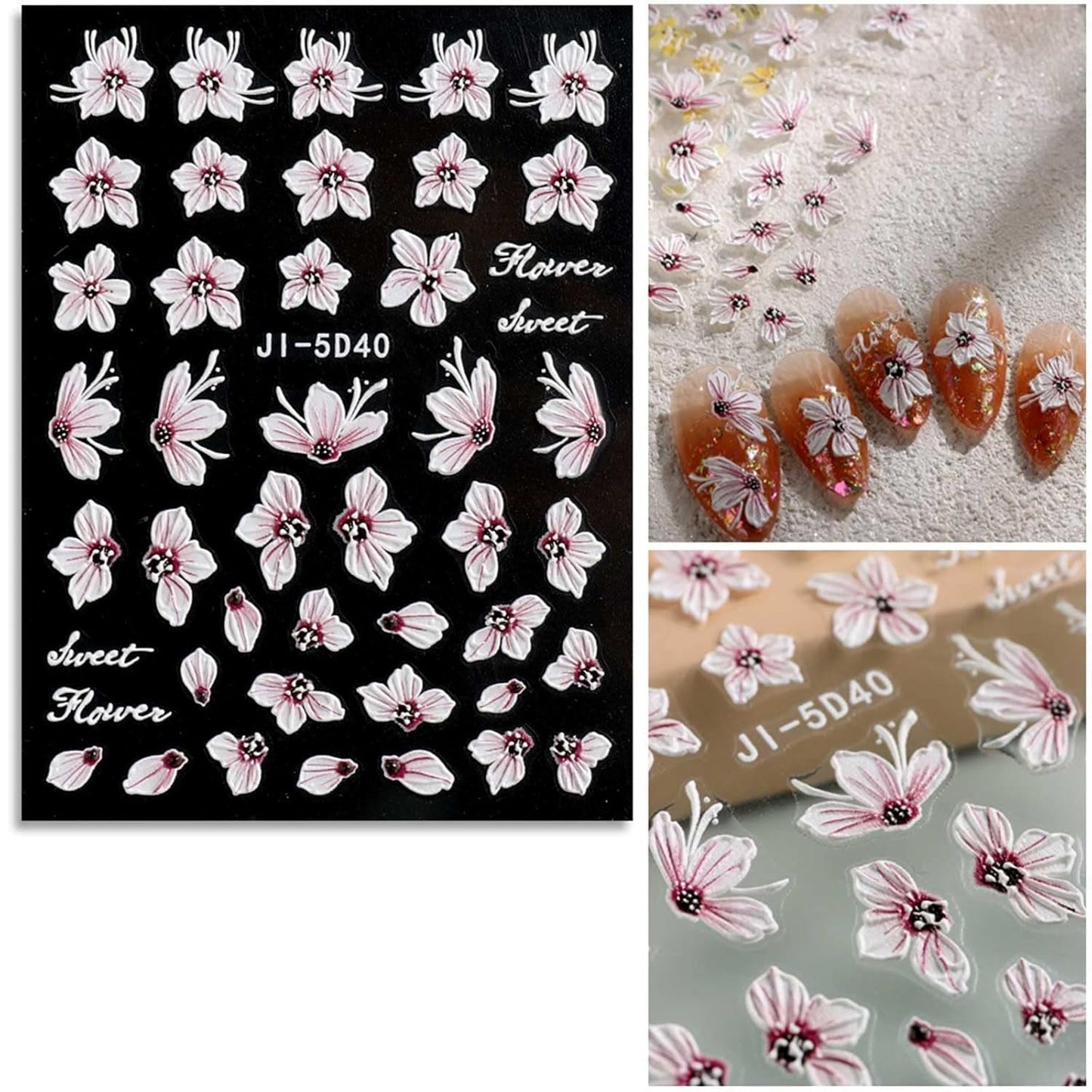 JMEOWIO Autocollants de manucure 3D pour ongles, fleurs, autocollants pour nail art, autocollants auto-adhésifs, bandes stéréoscopiques 5D, décoration de fleurs d'été, design de manucure, 4 feuilles