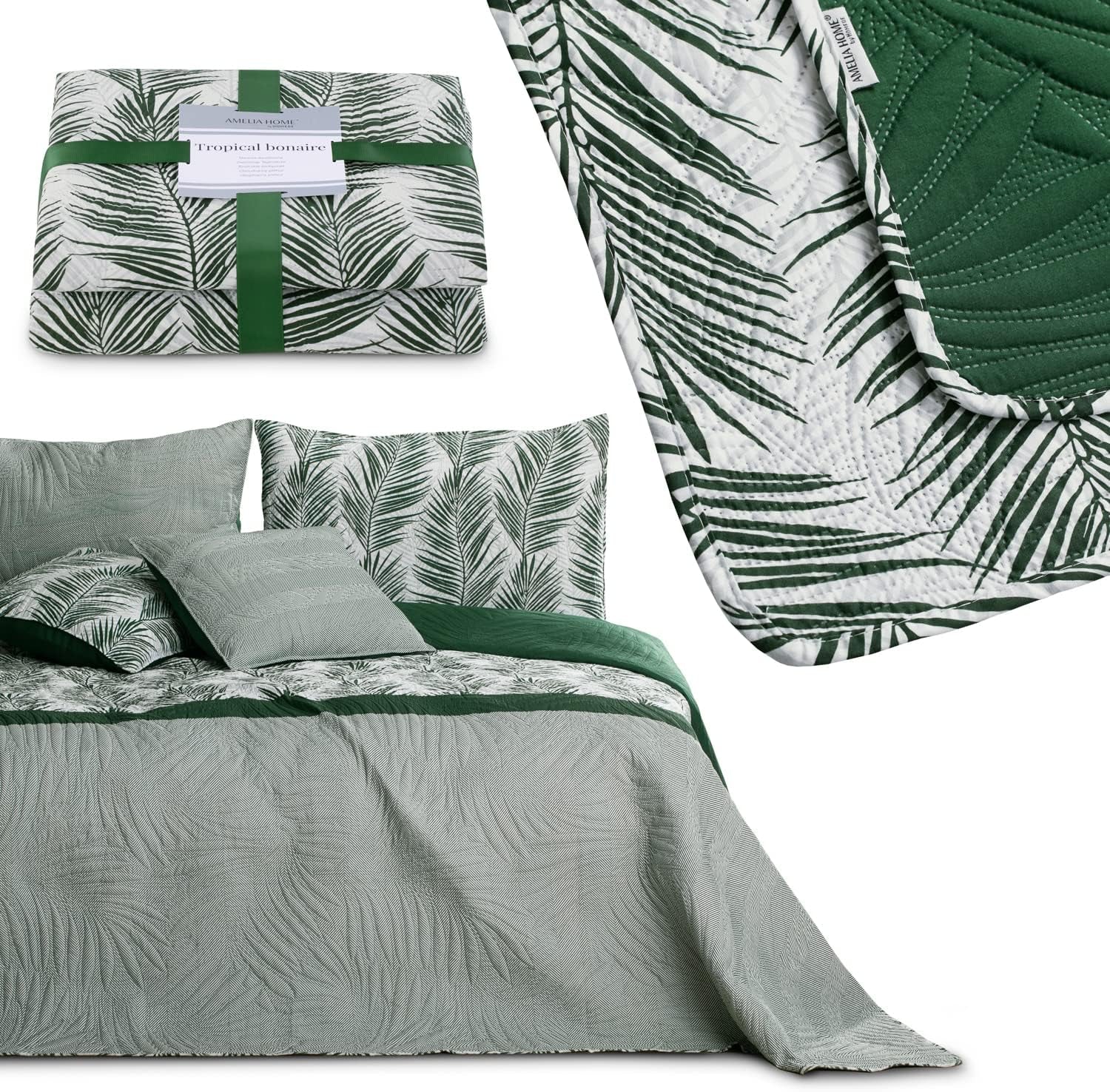 Ameliahome Couvre-lit Couvre-lit 170X210 Cm Double Face Facile d'entretien Couvre-lit Motif Plante Vert Blanc Tropical Bonaire Lits et Couvertures Besuche den AmeliaHome-Store