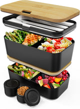 Umami Boîte à déjeuner pour adultes, boîte à bento empilable étanche avec 4 couverts et compartiments, boîte à déjeuner adulte, récipient à salade à emporter, boîte à déjeuner pique-nique/bureau, gris anthracite, 1500 ml