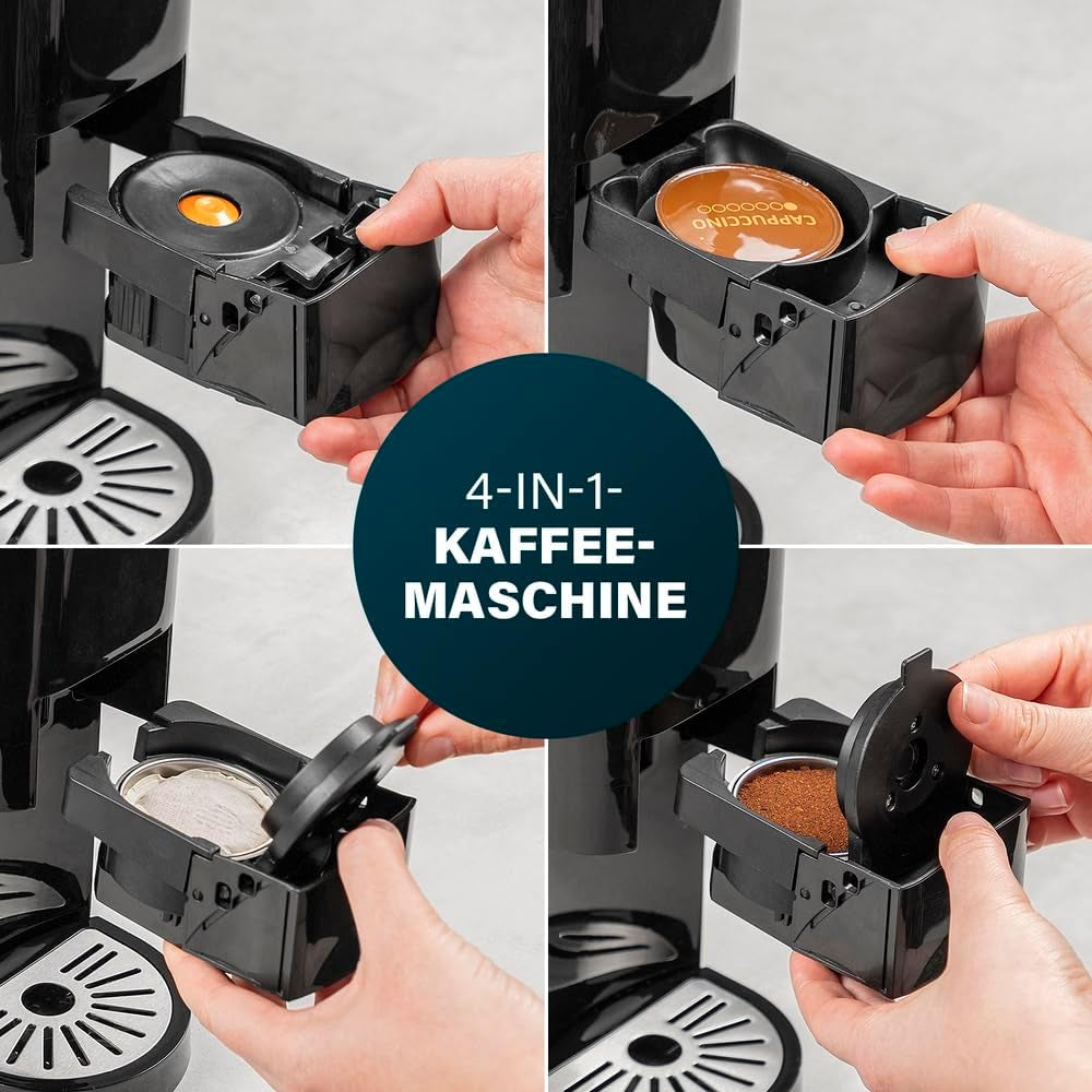 Machine à expresso multicapsules Princess 4 en 1 - 1450 watts, capsules, dosettes, café moulu, sans BPA, 249450, 01.249450.01.001, noir, argent
