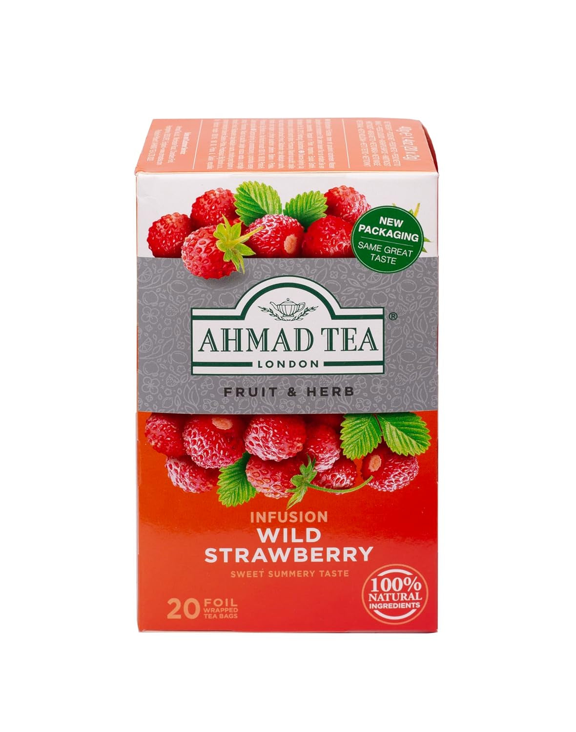 Ahmad Tea - Fraise des bois - Tisane décaféinée aux fruits et aux herbes - Fraise - Sachets de thé emballés individuellement avec 2 g de thé par portion - 20 sachets de thé en bandes