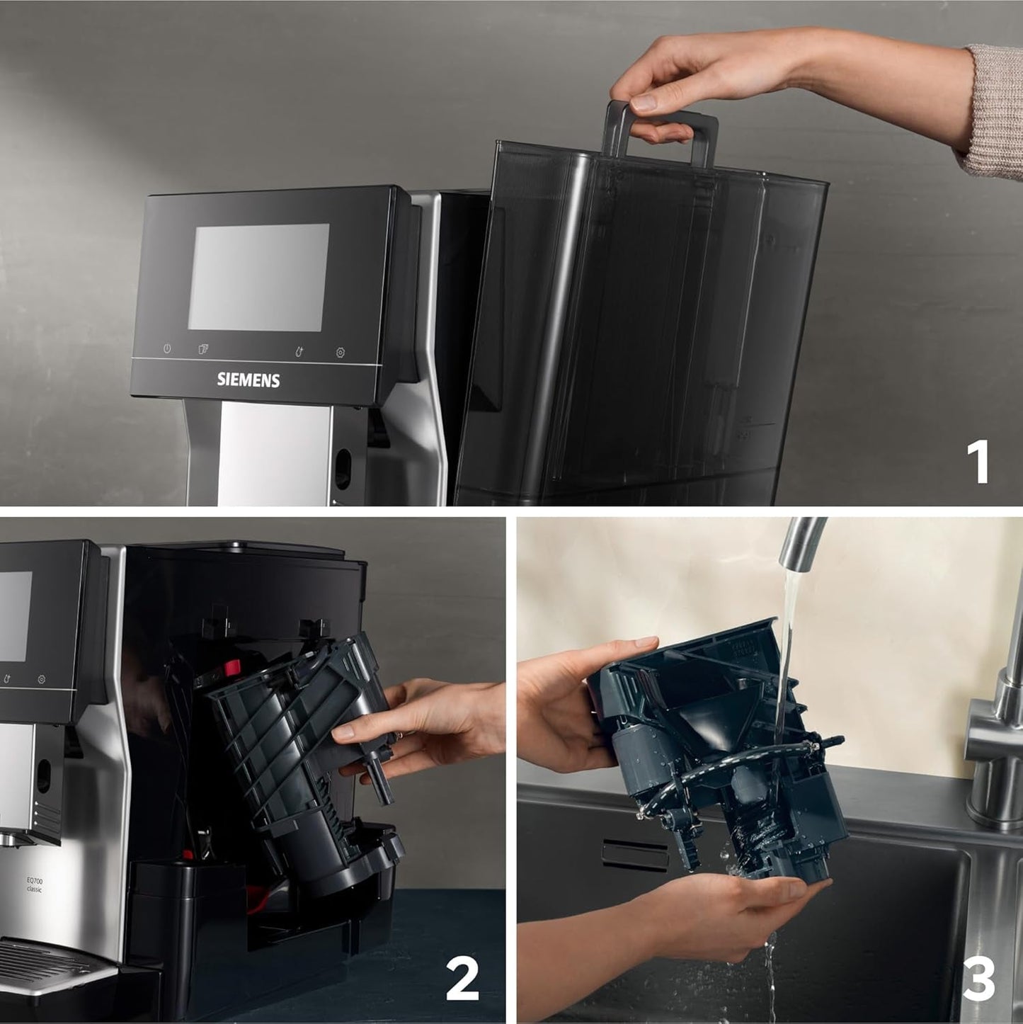 Machine à expresso automatique Siemens EQ700 classic TP715D01, contrôle par application, infusion froide, écran tactile intuitif, jusqu'à 10 créations de café individuelles comme favoris, nettoyage automatique à la vapeur, 1500 W, gris argenté