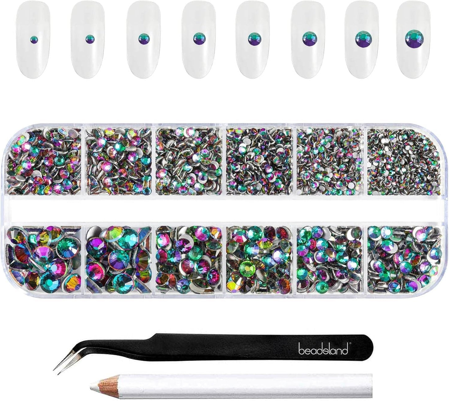 Beadland 2500Pcs Verre Nailart Strasssteine ​​​​Kristall Flatback Edelsteine ​​​​Runde, ​​​​pour Handwerk Gemischt 8 Größen SS4 ~ SS30 Mit Picking Pinzette Und Stift (Kristall Weiss)