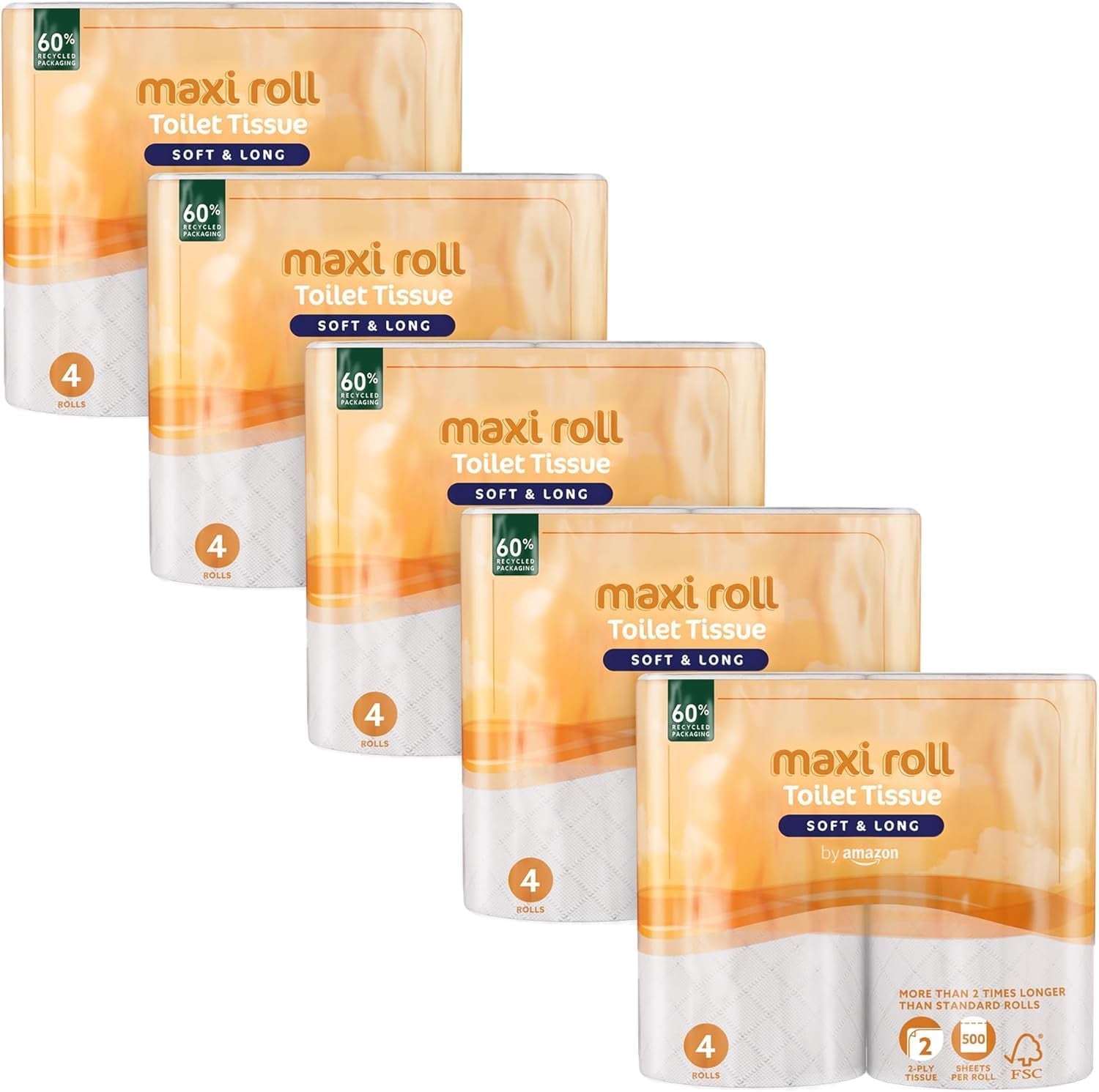 By Amazon Papier toilette (maxi rouleau), 2 épaisseurs, matelassé, doux et délicat, 20 rouleaux (5 paquets de 4), 500 larmes par rouleau, certifié Fsc