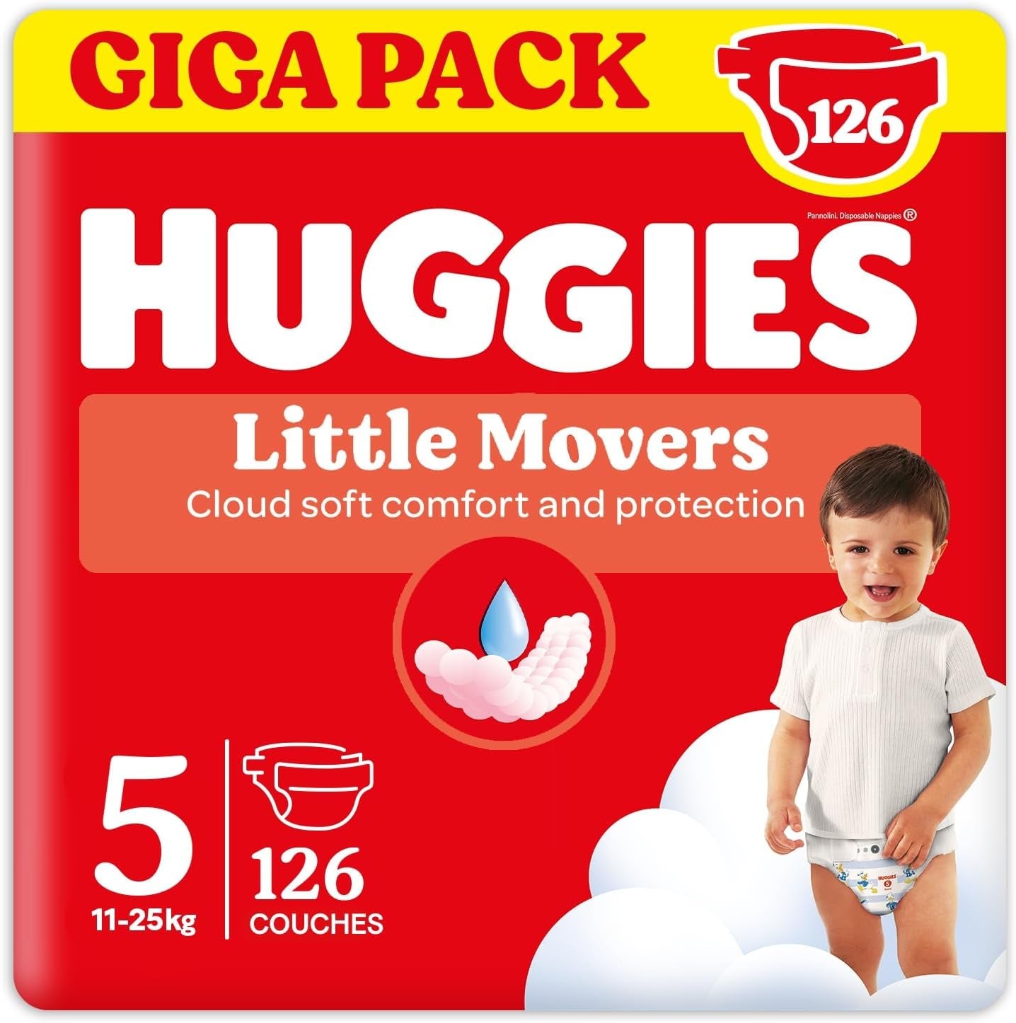 Couches pour bébé Huggies Little Movers, motif Disney, taille 5, 126 pièces (3 x 42), boîte mensuelle