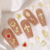 Breloques à ongles dorées, 80 pièces, croix, cœur, vierge marie, pierres précieuses en alliage métallique, accessoires pour manucure, décorations de conception, artisanat à faire soi-même