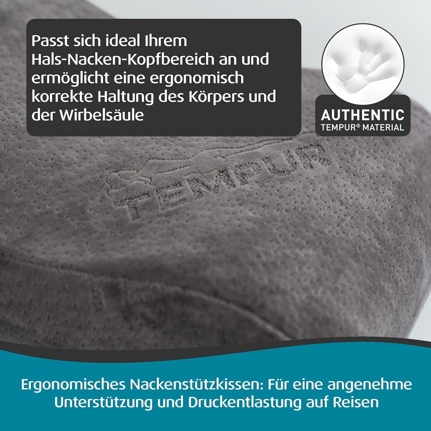 TEMPUR Oreiller de Voyage en Mousse à Mémoire de Forme, Oreiller Cervical Ergonomique, avec Sac de Transport, Anthracite, Dimensions 25 x 31 x 10/7 cm