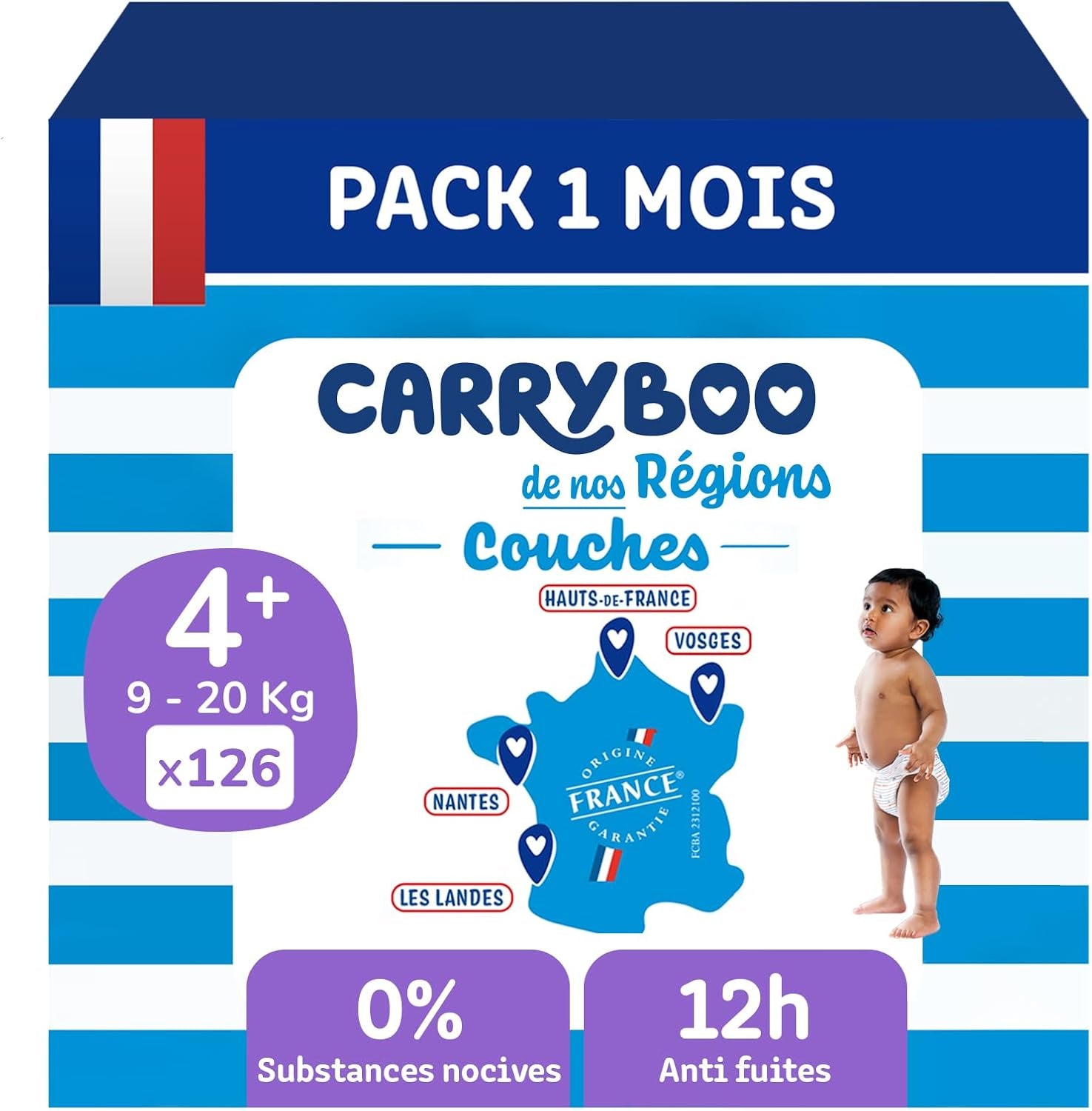 - Couches taille 4+ (9-20 kg) - saines et très absorbantes - étanche 12 heures - sans substances indésirables - fabriquées en France - prix abordable - 126 couches jetables