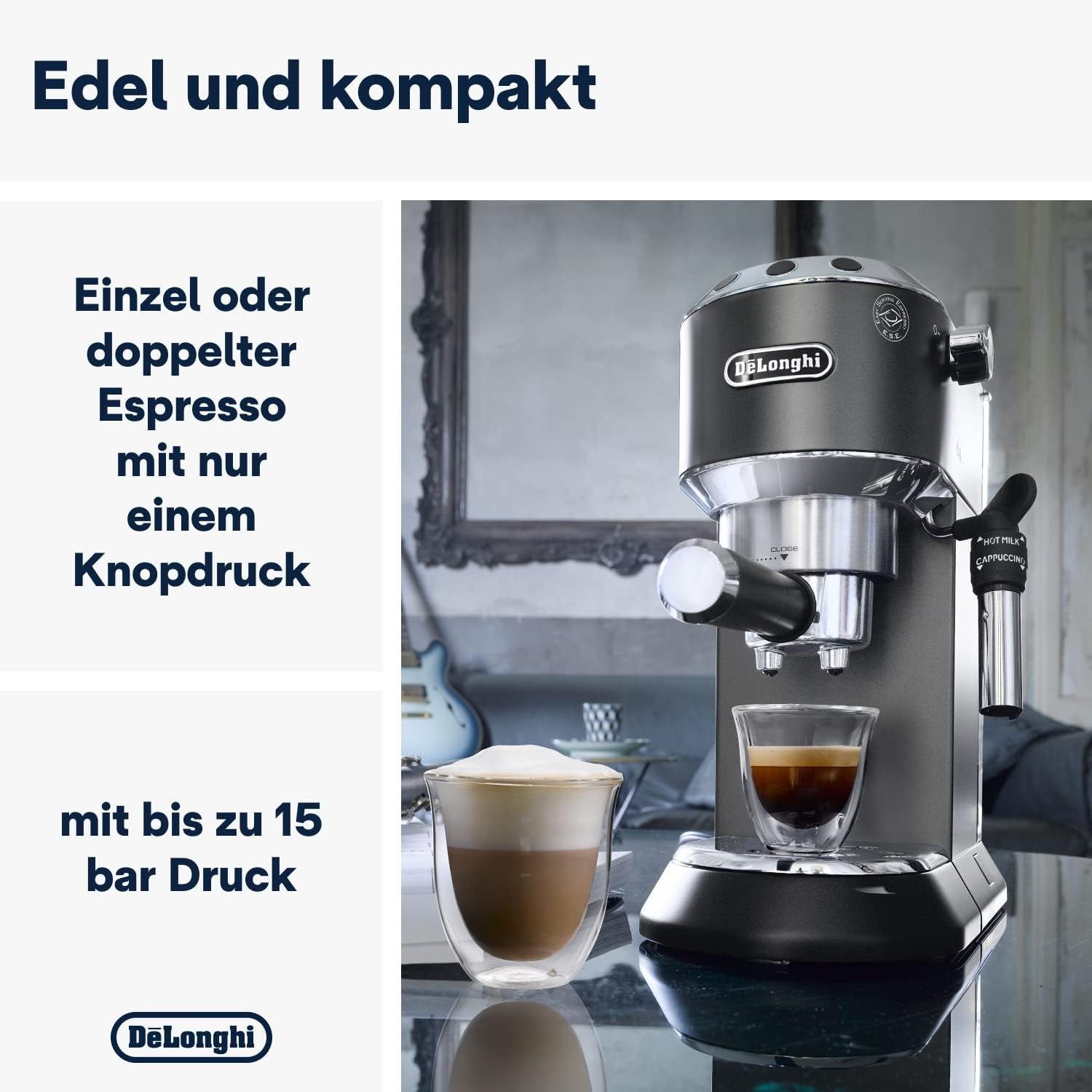 De'Longhi Dedica Style EC 685.B – Machine à expresso avec porte-filtre, machine à expresso avec mousseur à lait professionnel, seulement 15 cm de large, pour café moulu ou capsules ESE, réservoir d'eau 1 l, noir