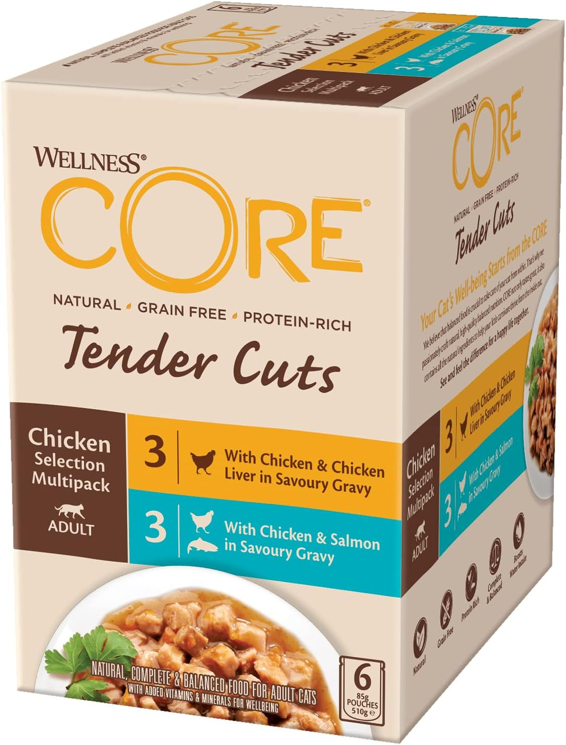 Wellness CORE Tender Cuts 6 x 85g, Chicken Selection Mix - Nourriture humide pour chats, morceaux tendres en sauce, sans céréales, naturelle, hypoallergénique, riche en protéines, haute teneur en viande