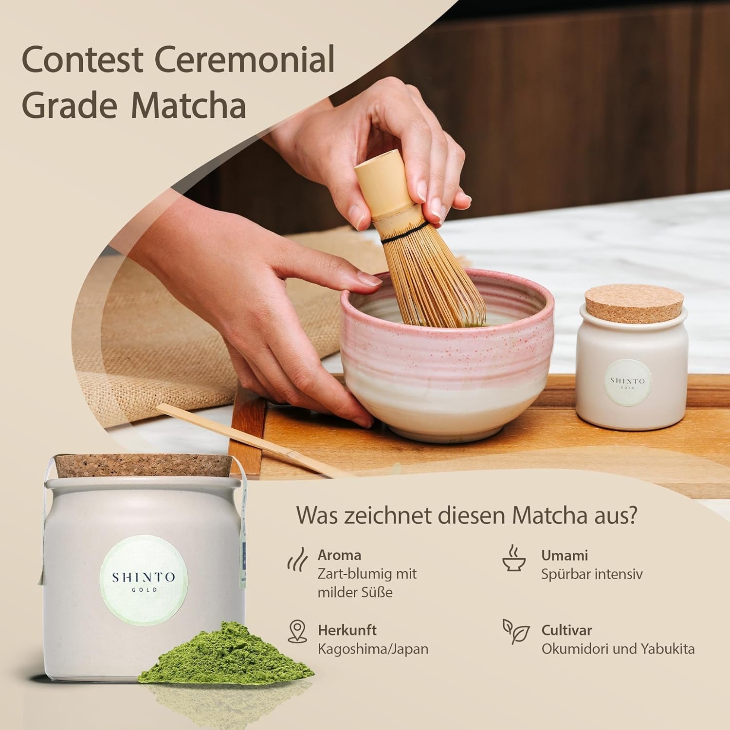Shinto – Thé Matcha biologique « Gold » – Poudre de thé vert de qualité cérémonielle – Certifié JAS et EU BIO – Ombragé et cueilli à la main – Importation directe d'Uji, Japon – 30 g