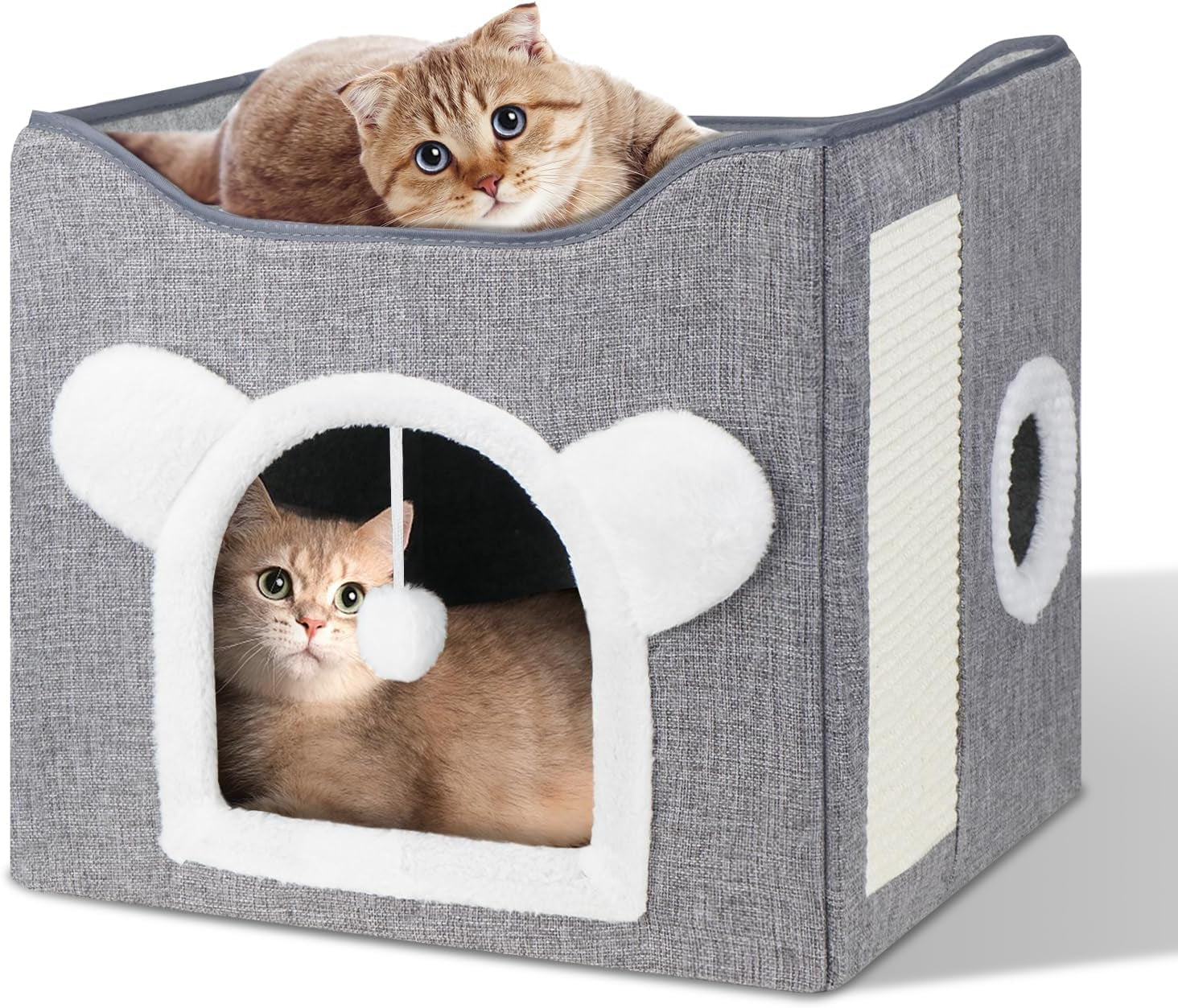 Katzenbetten für Indoor Katzen, Faltbares Katzenhaus, Katzenhöhle 2 Schicht Würfel Großer Raum Katzenbett mit Kratzbrett et Spielball, 15,8 x 15,8 x 15 pouces