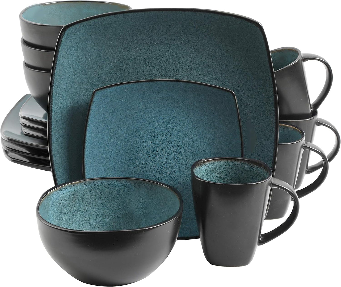 Gibson 99813.16R Elite Soho Lounge Reactive Glaze Service de table pour 4 personnes, 16 pièces, effet bicolore bleu-vert/noir