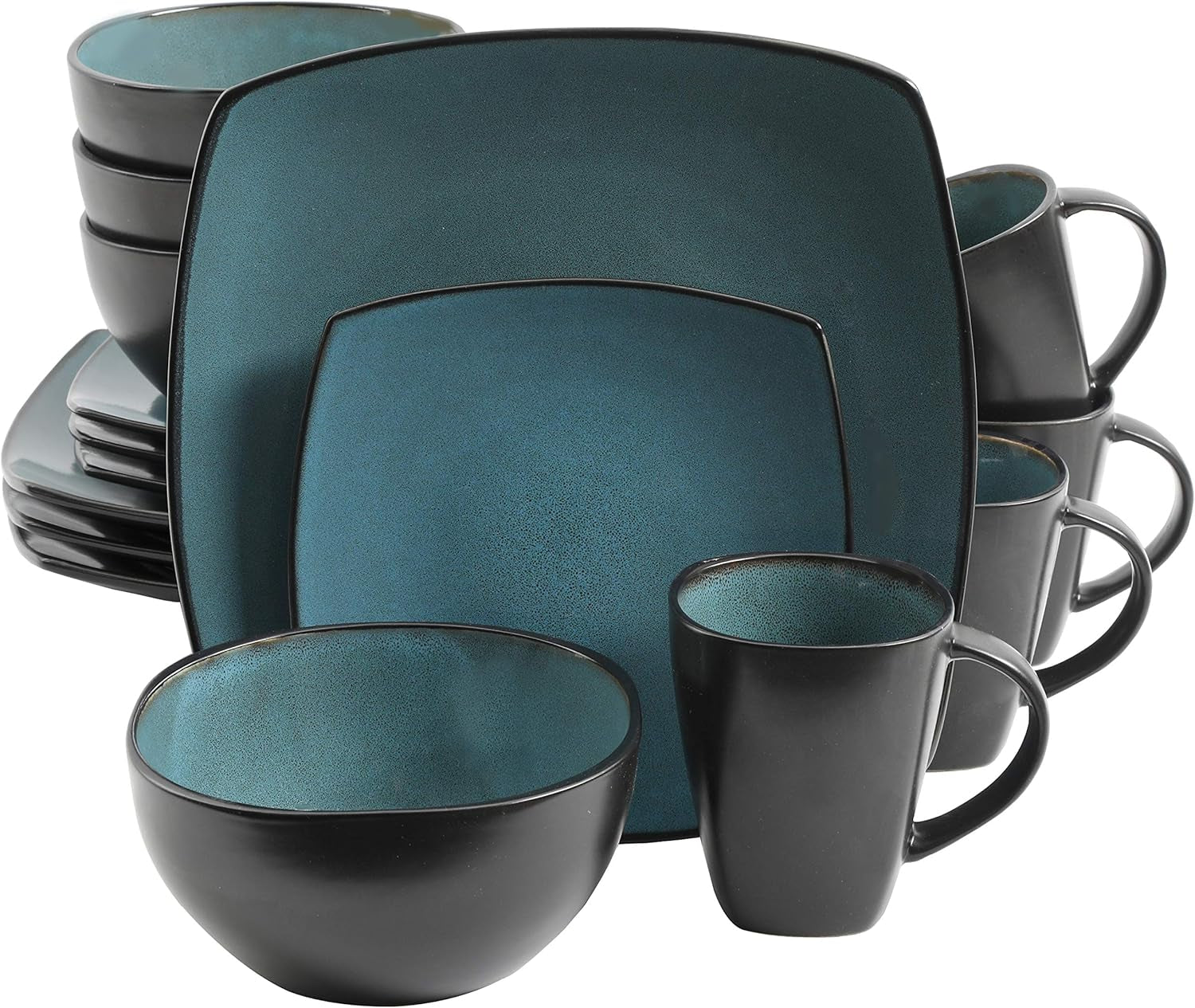 Gibson 99813.16R Elite Soho Lounge Reactive Glaze Service de table pour 4 personnes, 16 pièces, effet bicolore bleu-vert/noir