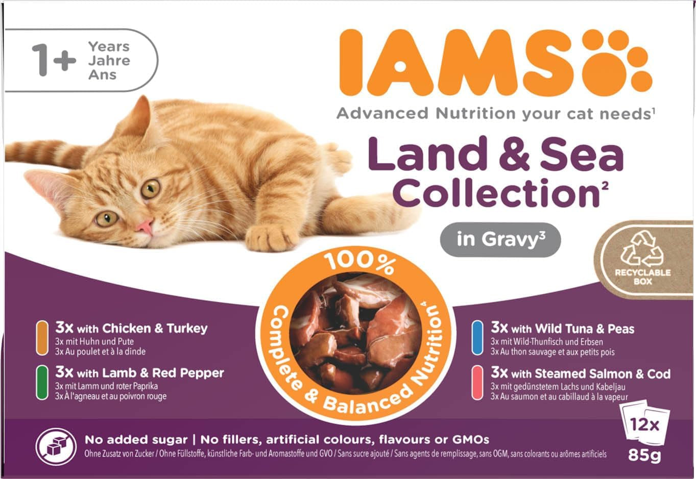 IAMS Delights Land & Sea Collection Nourriture humide pour chats - Assortiment de viande et de poisson multipack en sauce, nourriture humide pour chats de 1 an et plus, 12 x 85 g