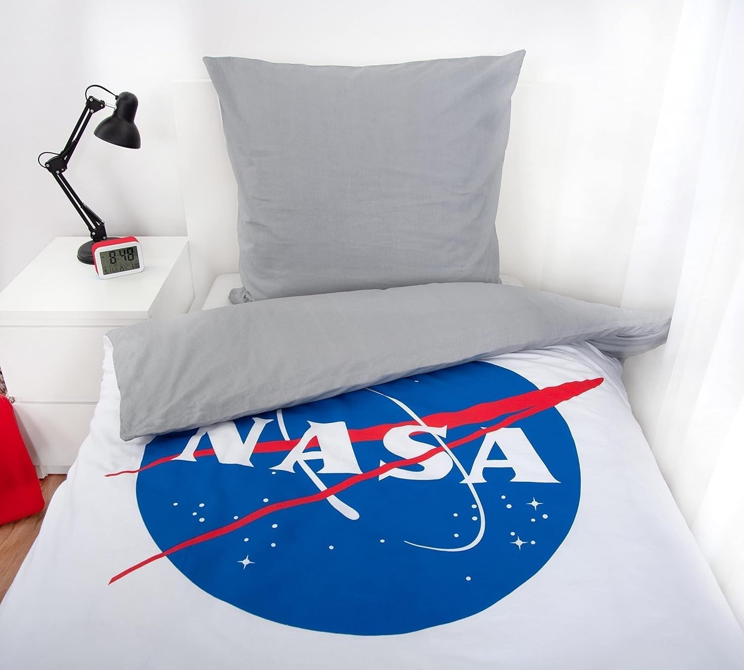 Parure de lit NASA, coton/renforcé, gris/blanc Literie - enfant Naty Shop