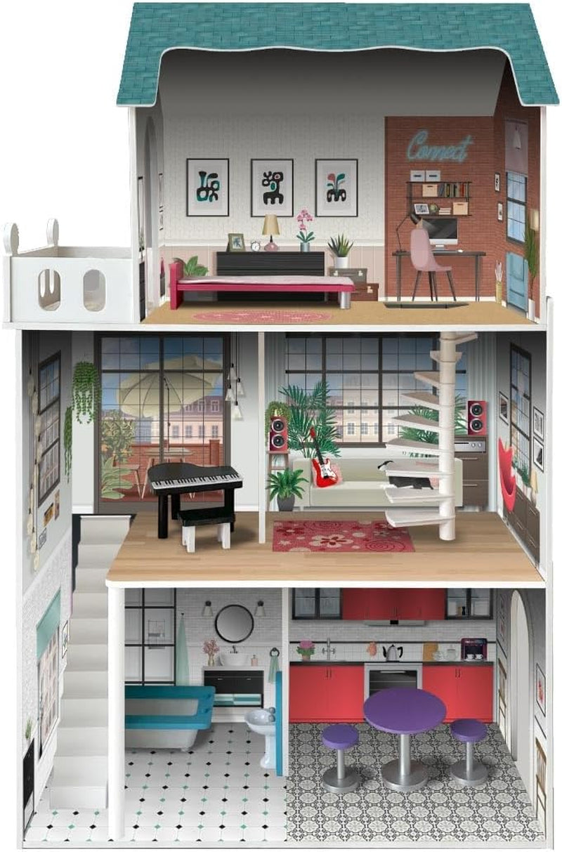 Maison de poupée design Soho-Madera à 3 étages avec 8 meubles, dimensions 120 X 33 X 75 cm (913D00181) Naty Shop