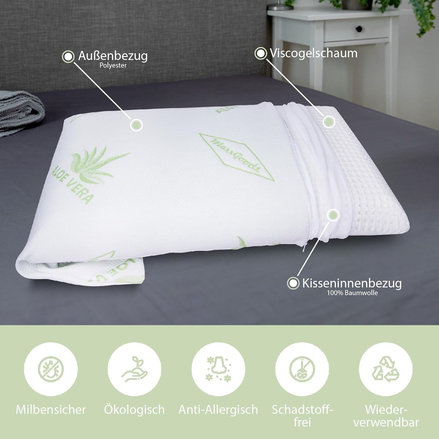 Maxxgoods Oreiller orthopédique Oreiller de soutien cervical en mousse de gel viscoélastique avec housse de protection à l'aloe vera et housse intérieure 100 % coton - Oreiller pour dormeurs sur le ventre, sur le dos et sur le côté (42 cm x 70 cm x 12 cm) Oreillers orthopédiques cervicaux Naty Shop