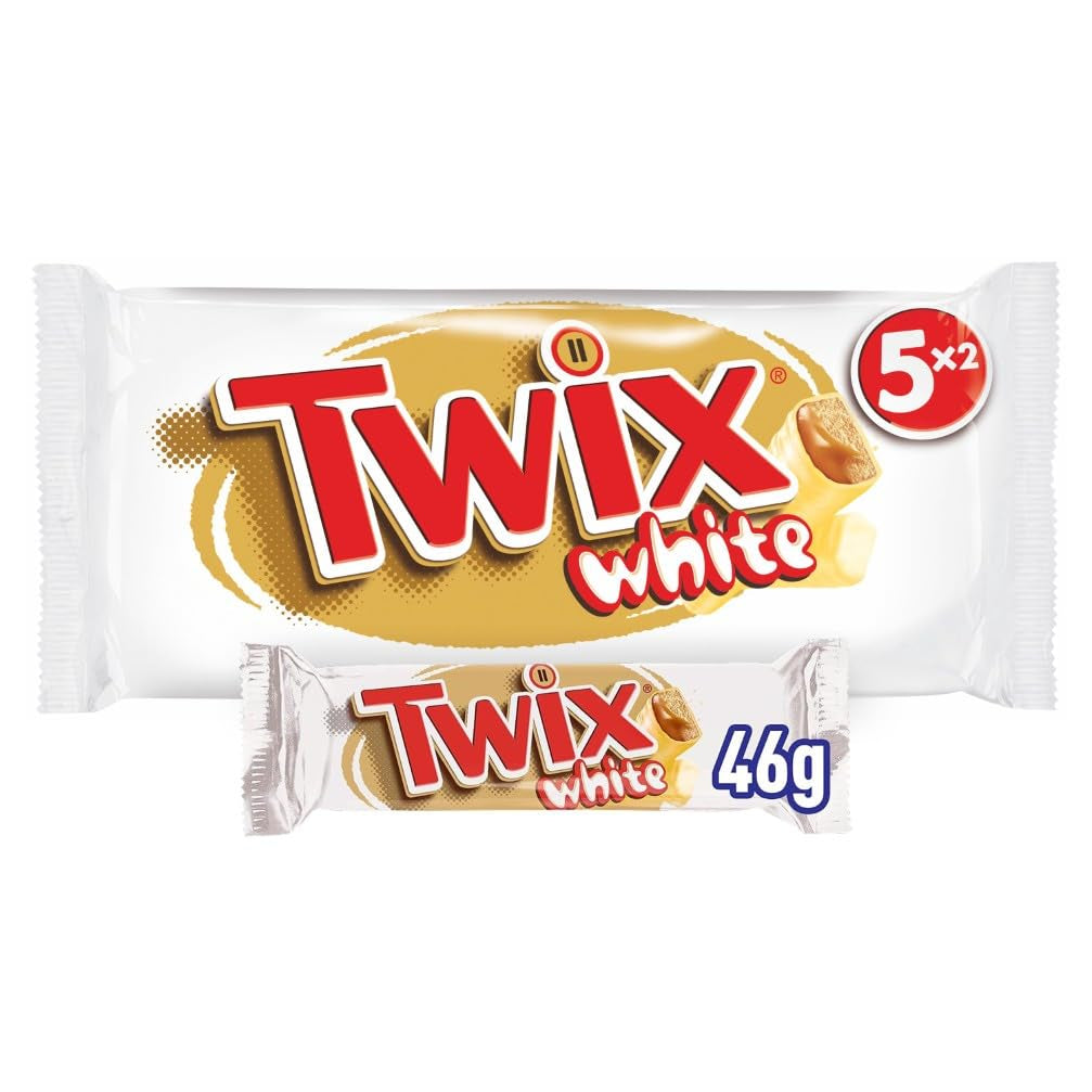 Barres de chocolat blanc Twix ; caramel, biscuits, chocolat blanc ; plusieurs paquets de chocolats ; 5 barres (5 x 46 g)