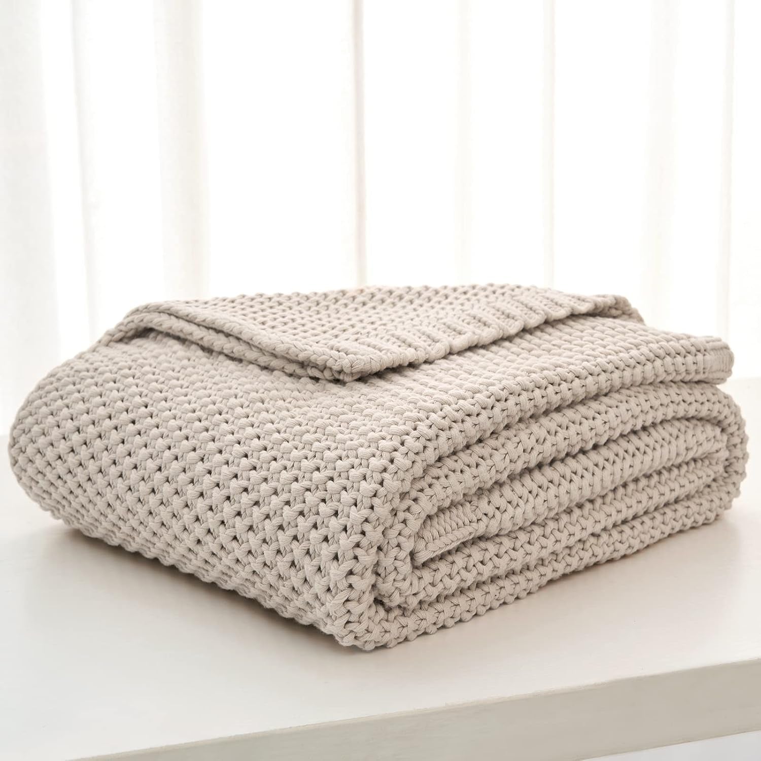 Couverture en tricot épais, Légère, Beige, 100% coton biologique, Couverture pour canapé, canapé, lit, enfant, chambre d'enfant, Rustique, Shabby chic, Ferme moderne, 152,4 X 203,2 cm, Sac à linge inclus Lits et couvertures Literie Longhui