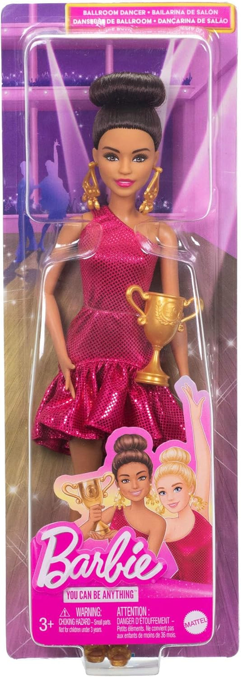 Poupée Barbie Danseuse de Tournoi en robe rouge à volants, chaussures de danse, cheveux bruns et accessoires pour trophée de danse, JFR09