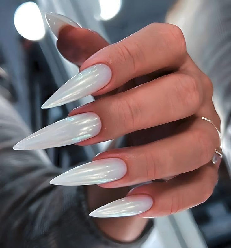Mouyouglow longs ongles Stiletto laiteux blanc dégradé rose paillettes Cool faux ongles avec colle rose Ombre paillettes ongles artificiels