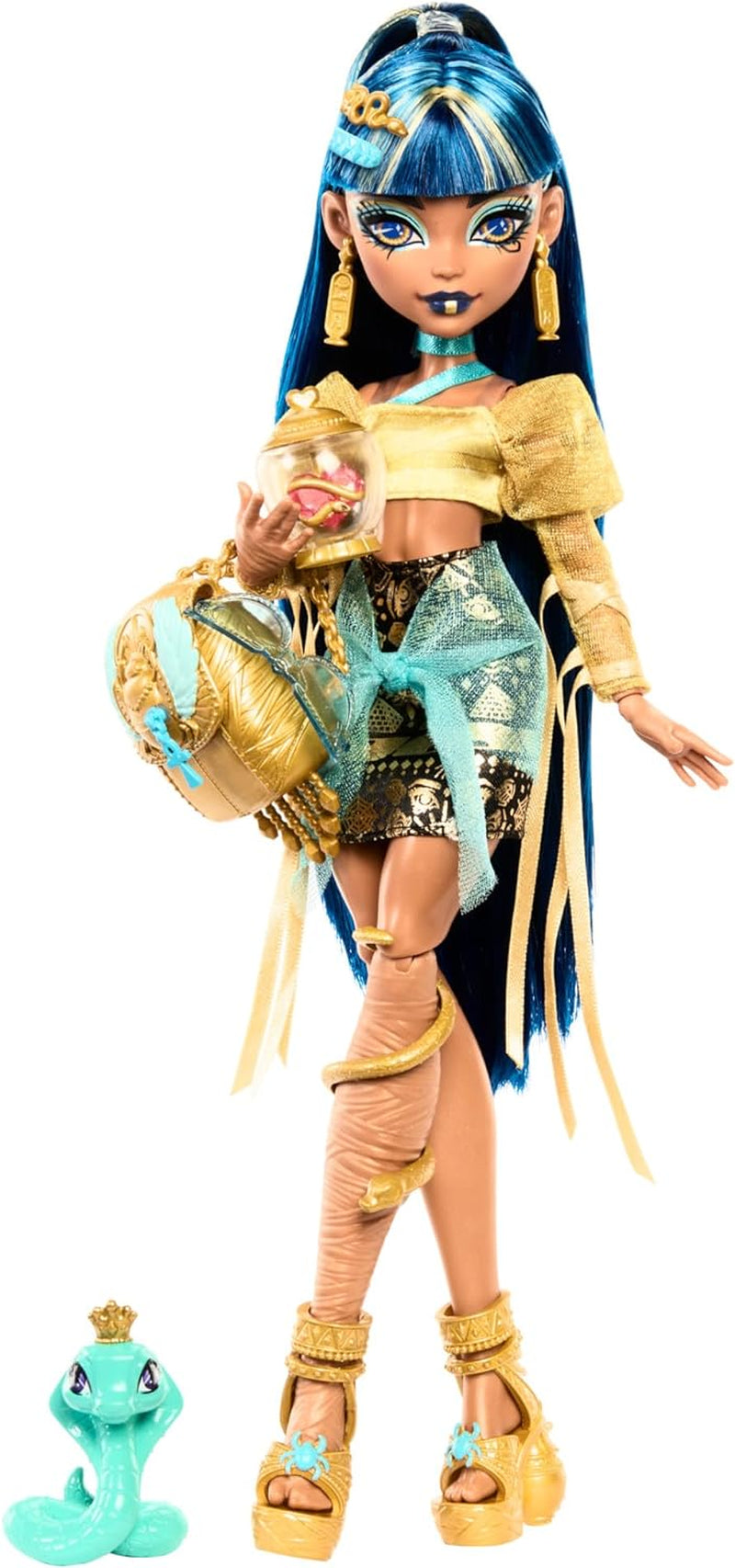Poupée Monster High Cleo De Nile en chemisier doré et jupe superposée, comprend un animal de compagnie Cobra Hissette et des accessoires tels qu'un sac à dos, une collation et un rouleau de papier, HXH74 Naty Shop Cobra Hissette Dolls