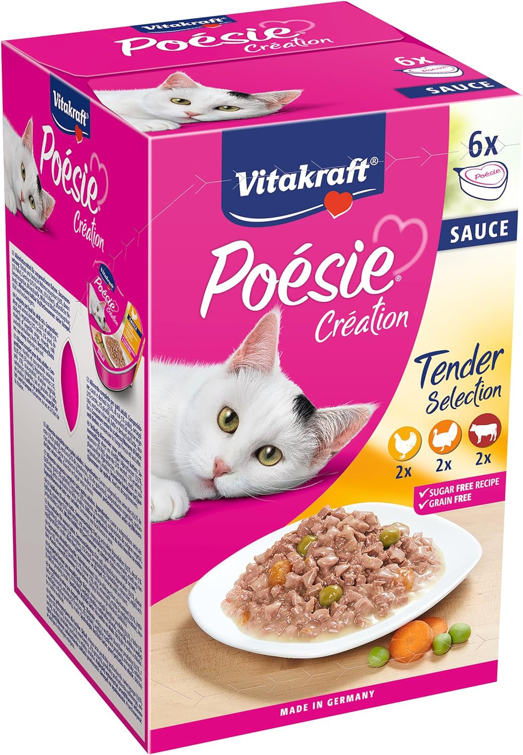 Vitakraft Poésie Création, Tender Selection, Nourriture humide pour chat, Nourriture humide pour chat en sauce, au poulet, à la dinde, au bœuf, sans sucre ajouté et sans céréales (1 paquet de 6 x 85g)