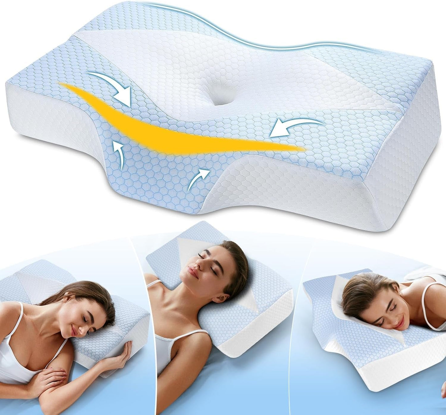 Oreiller cervical en mousse à mémoire de forme Oreiller orthopédique ergonomique pour les douleurs au cou et aux épaules - Oreiller de couchage rafraîchissant pour les dormeurs sur le côté, le dos et le ventre avec soutien du cou Oreillers orthopédiques cervicaux Naty Shop Bleu Blanc (63,5 cm * 40,6 cm * 10,7/13,2 cm) Blau Weiss (63,5 cm * 40,6 cm * 10,7/13,2 cm)