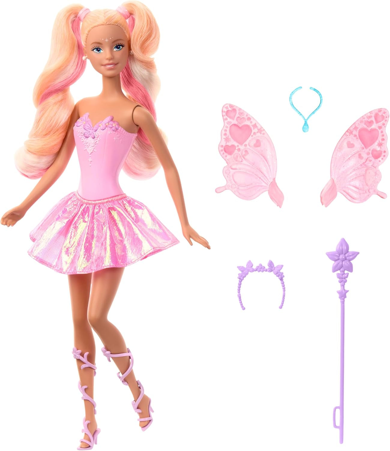 Mattel Poupée Barbie Fée avec baguette jouet et accessoires de mode, thème fantastique avec ailes et tenue changeante de couleur, JCP76, [Multicolore] Naty Shop Dolls