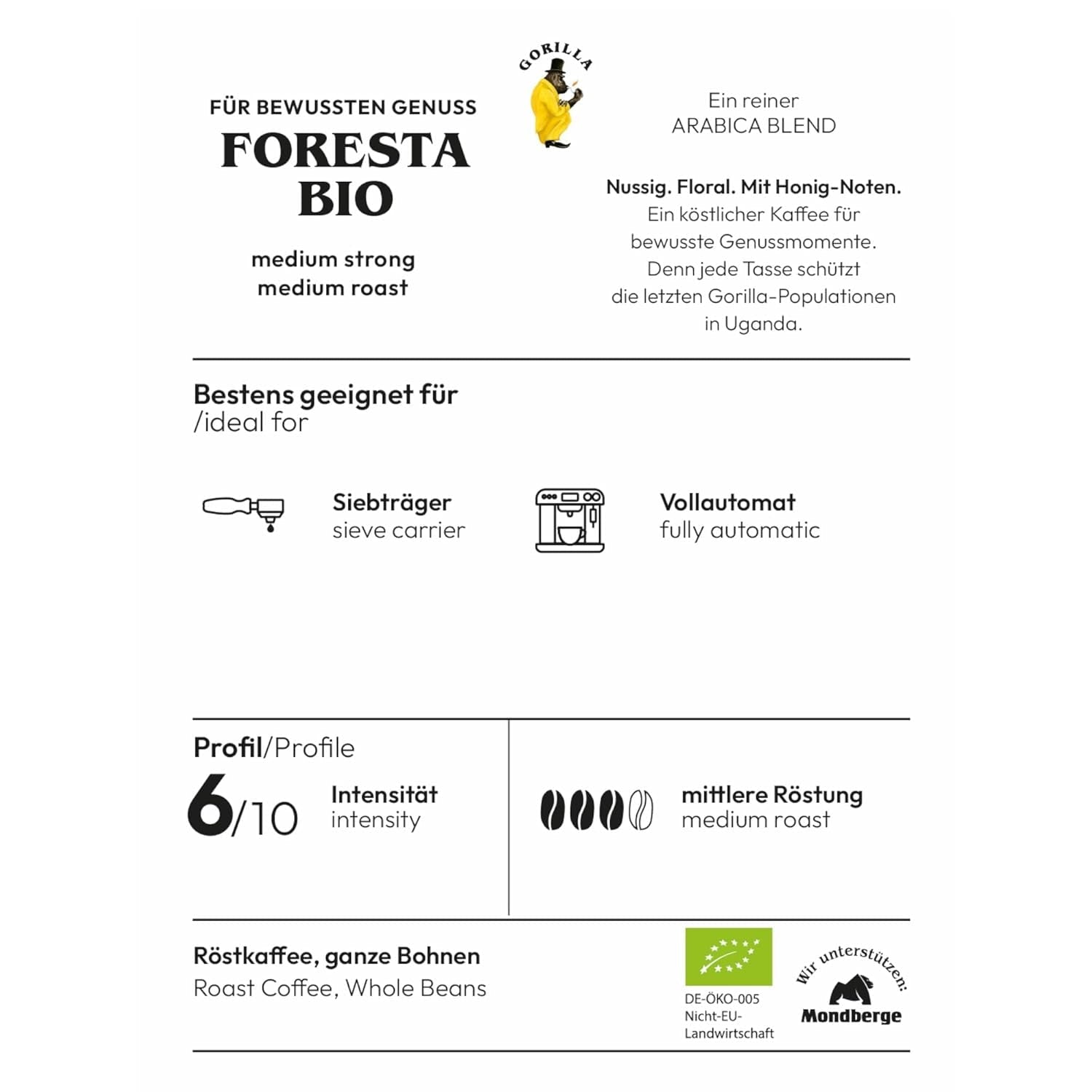 Café Gorilla Foresta 6 x 1000 g de grains entiers torréfiés | Mélange Arabica | Porte-filtre et machines à expresso entièrement automatiques | Café expresso