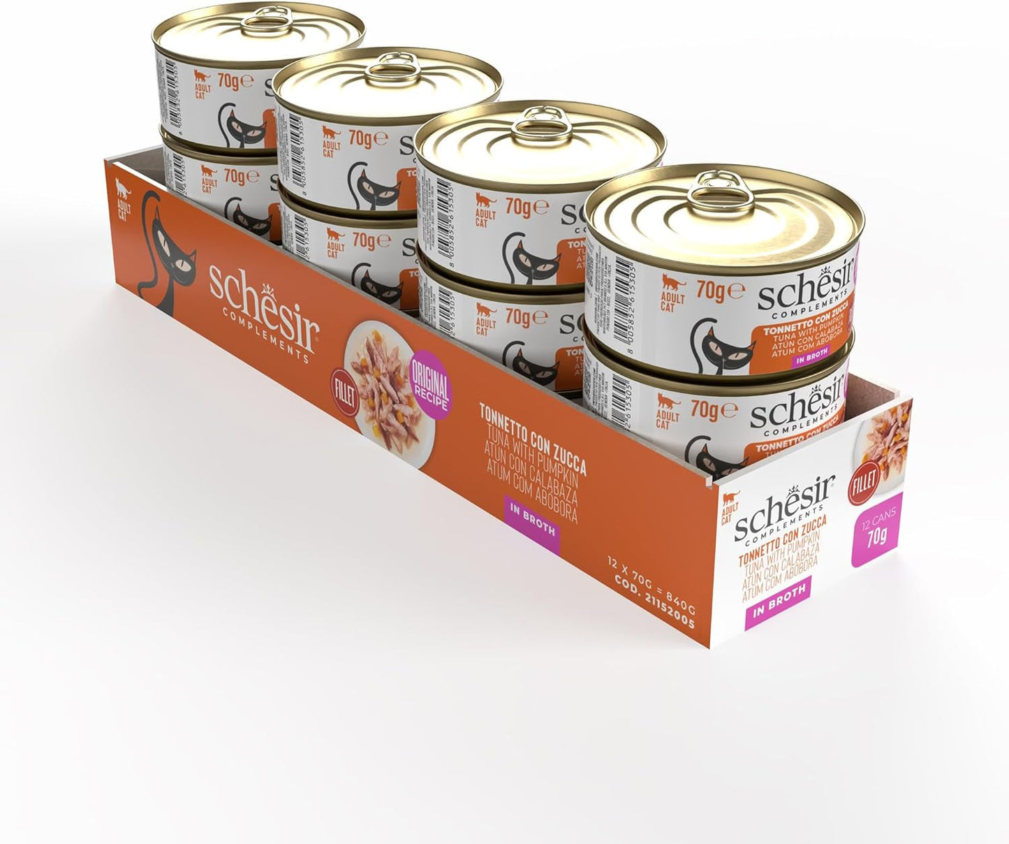 Thon au potiron en bouillon, nourriture humide complémentaire pour chat, recette originale, 100% naturelle, 12 boîtes de 70g chacune