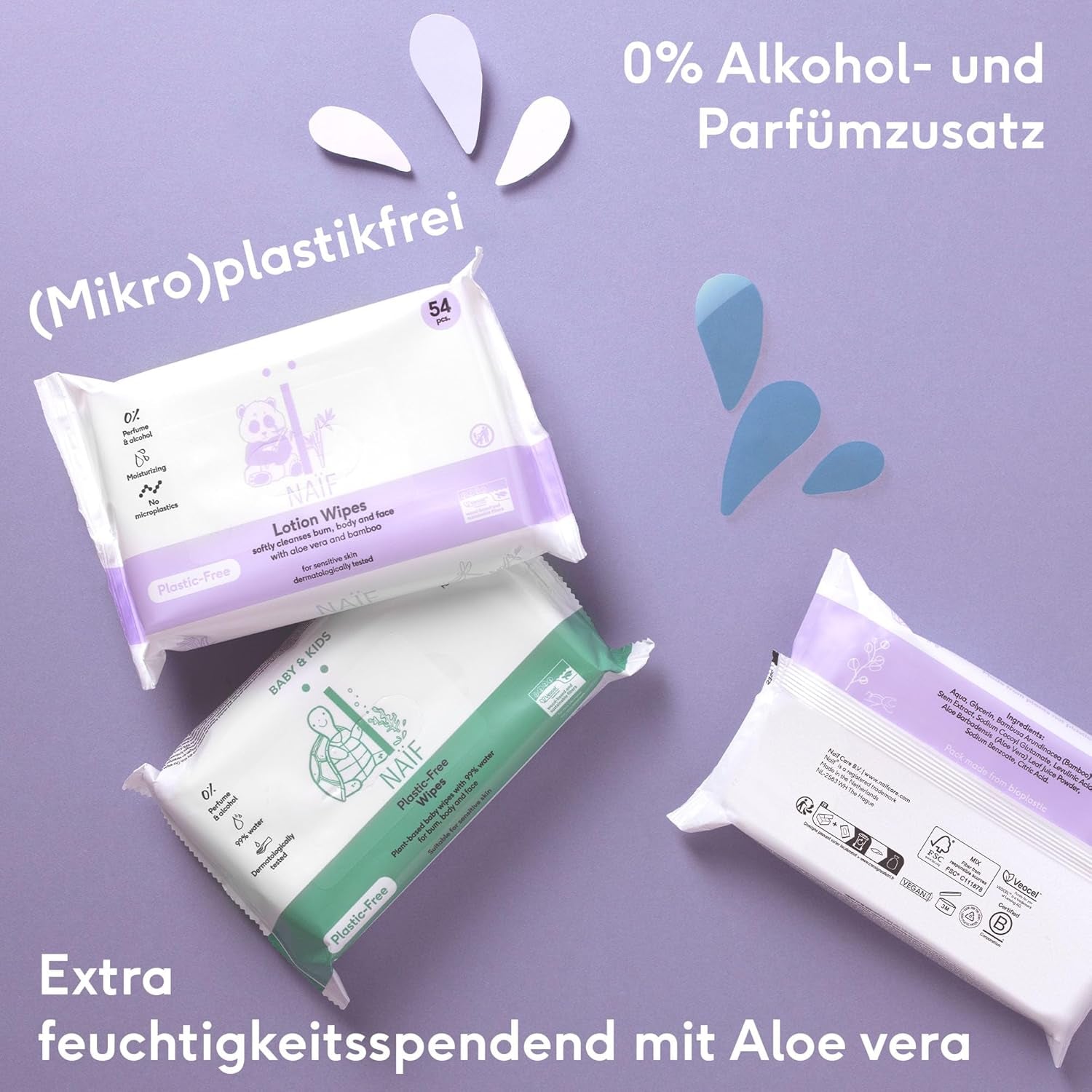 Naïf - Lingettes humides sans plastique - 162 pièces (3 paquets de 54 lingettes chacun) - pour bébés et enfants - fesses, corps, visage - à l'aloe vera et bambou - 0% parfum et alcool