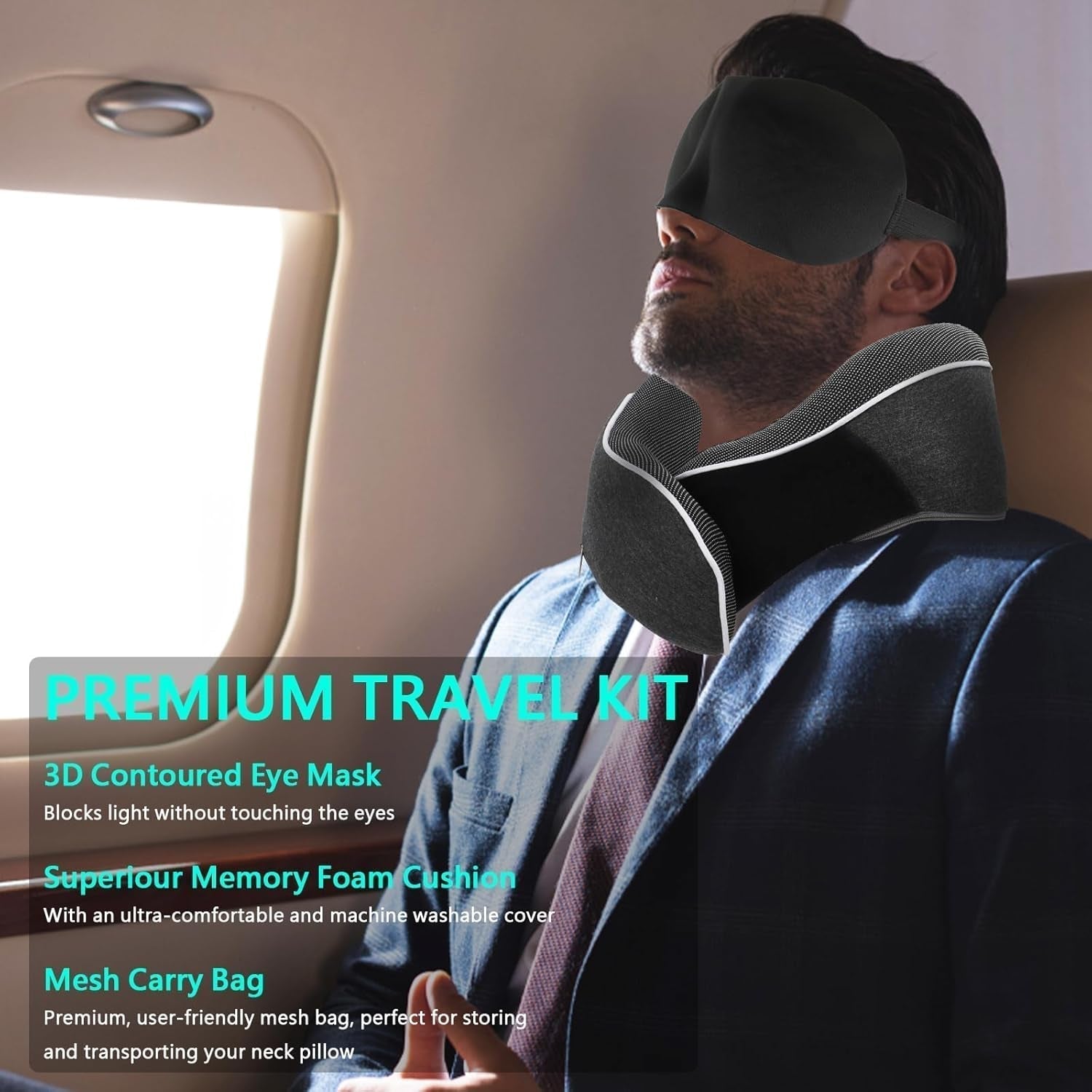 KILDOWS Oreiller Cervical Avion, Oreiller de Voyage en Mousse à Mémoire de Forme, Oreiller de Voyage Avion avec Masque pour les Yeux et Bouchons d'Oreilles, Oreiller Cervical Orthopédique, Idéal pour Voyager en Avion, Voiture, Train Oreillers Cervicaux Orthopédiques Naty Shop