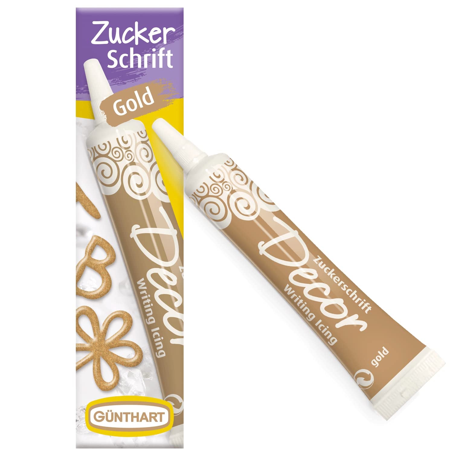 Günthart Backdecor 25 g Sucre avec lettres OR Pour tous les desserts de couleur dorée En sucre pour de belles lettres et motifs, 1 paquet (25 g)