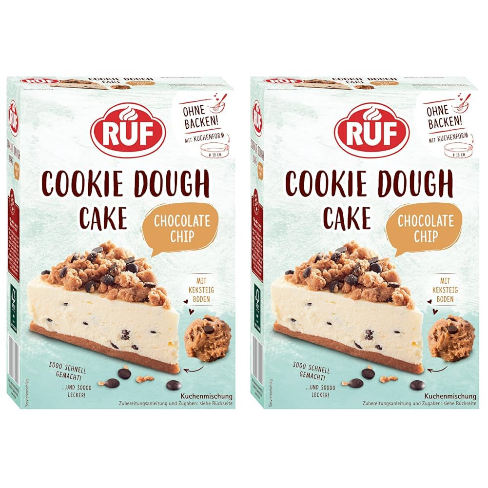 RUF Cookie Dough Cake Ohne Backen, Tortenboden Aus Keksteig Mit Frischkäse-Creme Und Schokoladenstückchen, Inkl. Kuchenform, 1X325G Mélange pour la pâtisserie et la cuisson Naty Shop 325 G (2Er Pack) Gâteau à la pâte à biscuits
