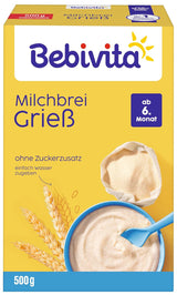 Bouillie de semoule au lait (4 x 500g), aliment pour bébés à partir de 6 mois, sans sucre ajouté, avec minéraux et vitamines précieux, très nourrissant
