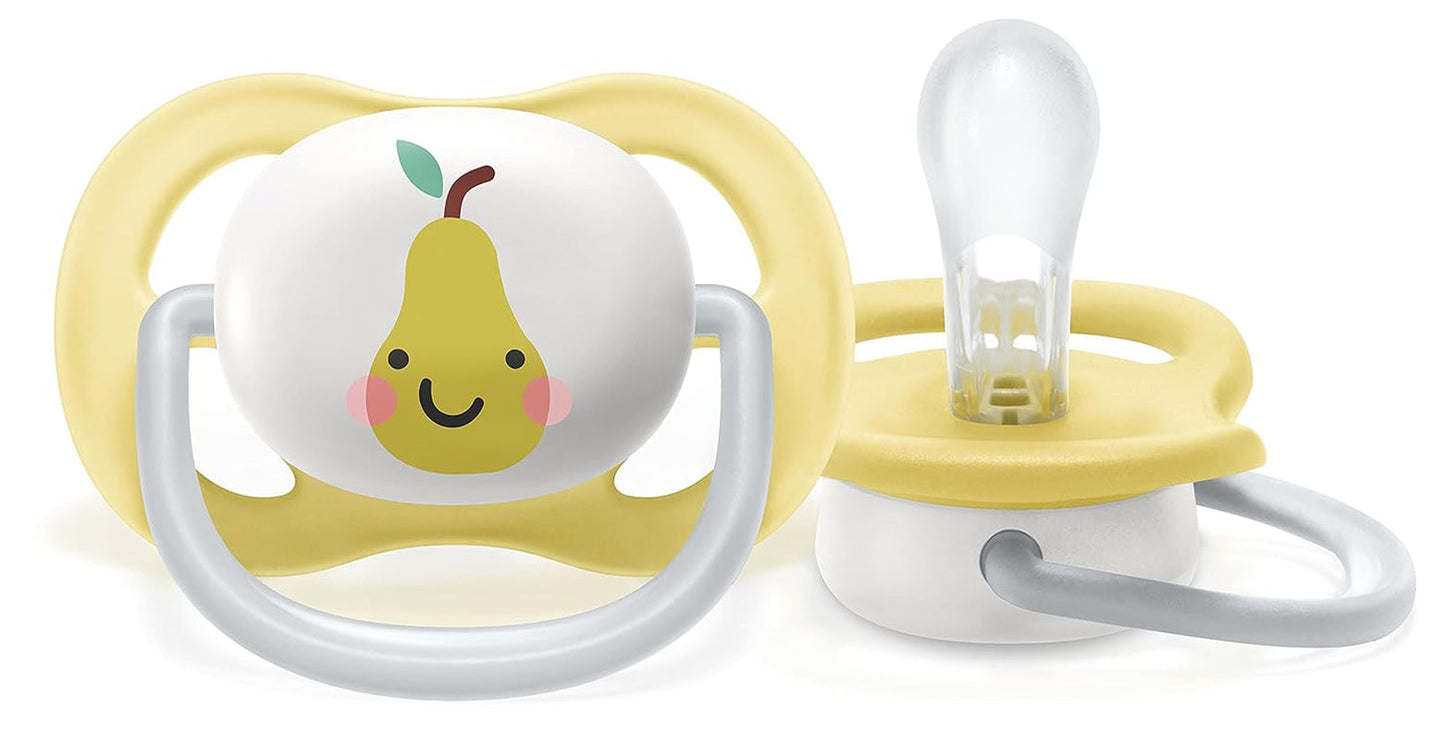 Sucette Philips AVENT ultra air - paquet de 2, sans BPA, respirante, pour bébés de 0 à 6 mois, avec étui de transport et stérilisation, pomme/poire (modèle SCF080/17)