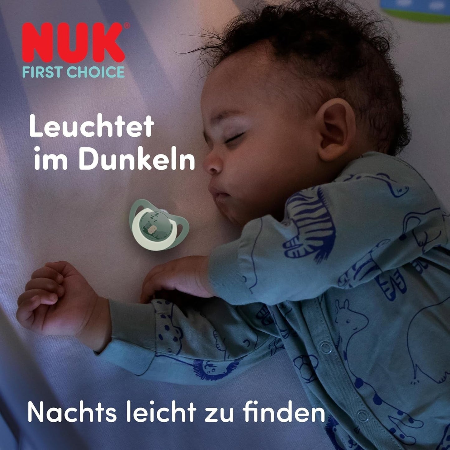 NUK First Choice Sucette de nuit pour bébés | 6-18 mois | Sucettes orthodontiques qui brillent dans le noir | Apaise 99% des bébés** | Lapin/Mouton | Pack 0-2